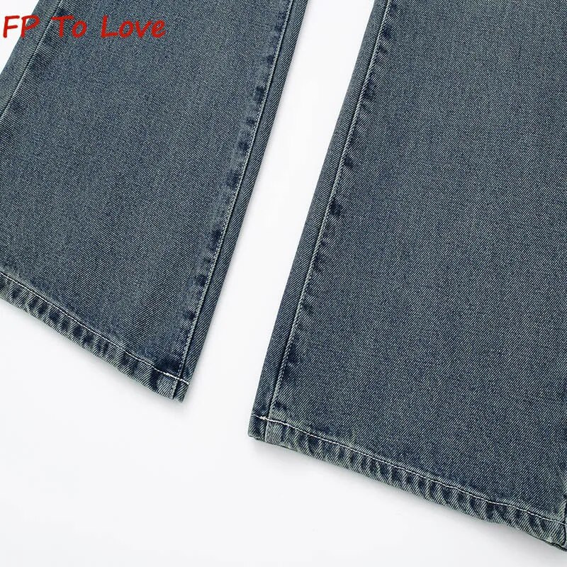 Vintage široke traperice širokih nogavica niskog spuštenog struka, elegantne PB&ZA ženske ulične plave duge hlače