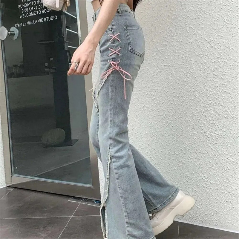 Lepršave crne traperice za žene s podijeljenim slatkim trapericama visokog struka, nepravilnog oblika, kawaii ležerne korejske modne hlače s patentnim zatvaračem