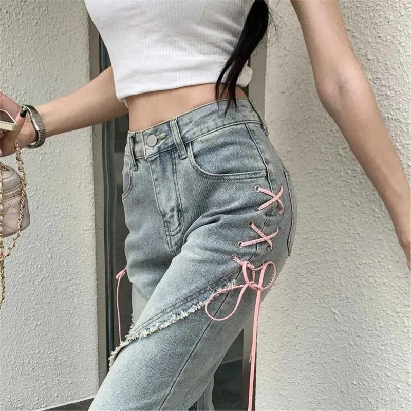 Lepršave crne traperice za žene s podijeljenim slatkim trapericama visokog struka, nepravilnog oblika, kawaii ležerne korejske modne hlače s patentnim zatvaračem