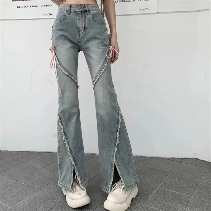 Lepršave crne traperice za žene s podijeljenim slatkim trapericama visokog struka, nepravilnog oblika, kawaii ležerne korejske modne hlače s patentnim zatvaračem