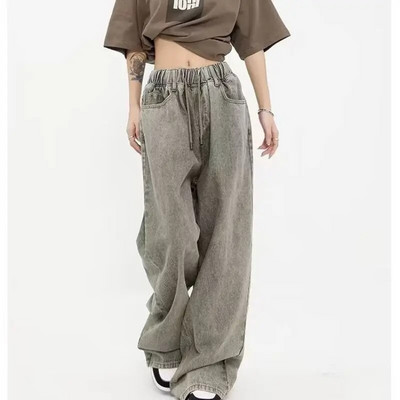 Deeptown Vintage Lielizmēra Džinsi Sieviešu Grunge Streetwear Boyfriend Elastīgas Džinsu Bikses Rudens Platas Baggy Harajuku Bikses Ziema