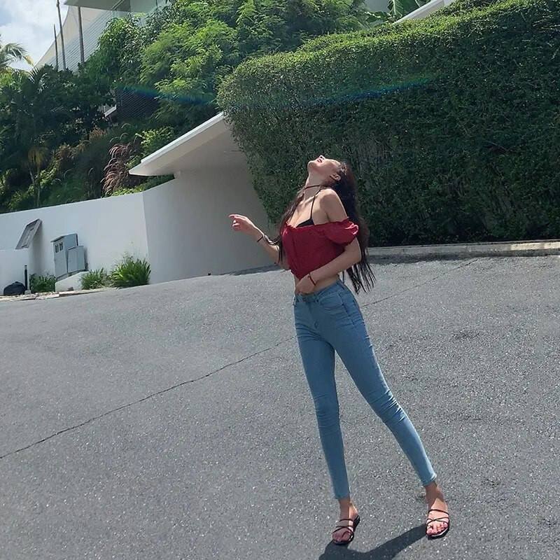 Džinsai moterims Mėlyni džinsai aukštu juosmeniu Moteriški džinsai su aukštu elastingumu moteriški skalbti pilki džinsai Stretch siauros pieštuko formos kelnės