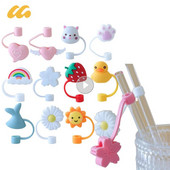 Silikoninis šiaudinis kištukas, daugkartinis geriamasis dulkių dangtelis, stiklinis puodelis, priedai Creative animacinių filmų aptaškymui atsparūs kamščiai Antgaliai Sandarinimo dangtelis