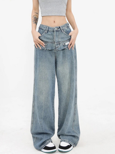 Helesinised teksad naiste tasku kõrge vöökohaga Ameerika tänava laia säärega püksid mood kottis vintage 2023 UUED sirged talvepüksid