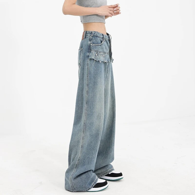 Világoskék farmer női zseb magas derekú amerikai utcai széles szárú nadrág, divatos táskás vintage 2023 ÚJ, egyenes téli nadrág