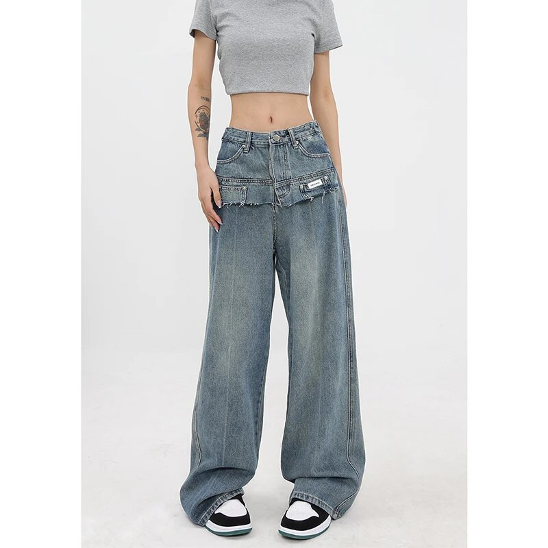 Világoskék farmer női zseb magas derekú amerikai utcai széles szárú nadrág, divatos táskás vintage 2023 ÚJ, egyenes téli nadrág