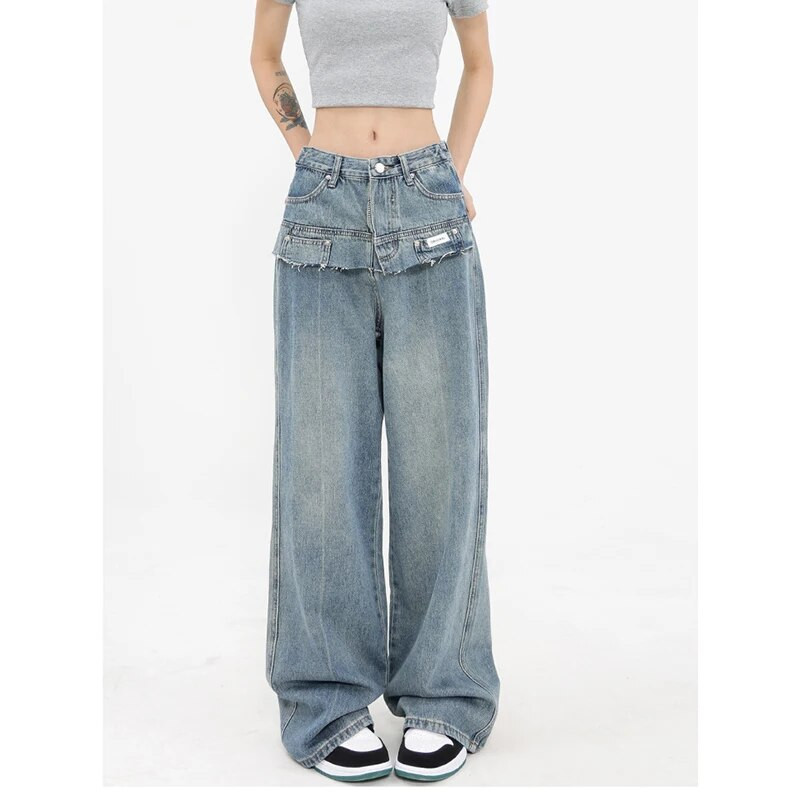Világoskék farmer női zseb magas derekú amerikai utcai széles szárú nadrág, divatos táskás vintage 2023 ÚJ, egyenes téli nadrág