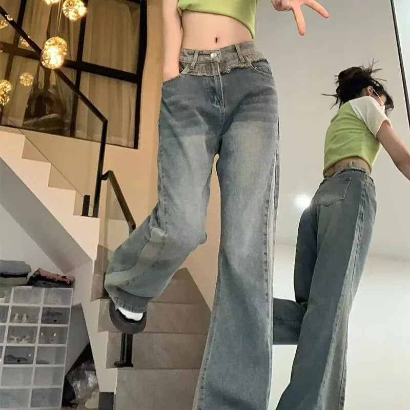 Y2K Style Jeans Ženske High Street široke traperice sa širokim nogavicama Retro ravne hlače visokog struka