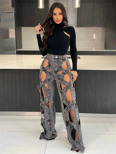 Wmstar Jeans Women Hollow Out Ψηλόμεσο τζιν Boy Friend Τσέπες Φαρδύ παντελόνι Κορεατικά Streetwear Χονδρική Dropshipping