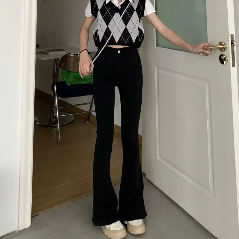 Lepršave hlače na zvono, crne ženske traperice, široke kratke hlače visokog struka za žene s džepovima, spanx, Južna Koreja, živopisne ZA