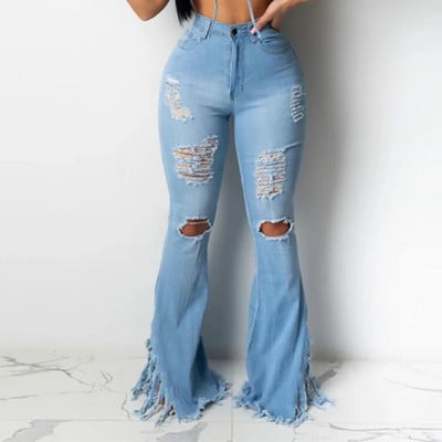 SML XL XXL XXXL Női kiszélesedő farmer magas derekú, rojtos farmer vékony nadrág Női sztreccs farmer Női széles szárú farmer csengő alsó