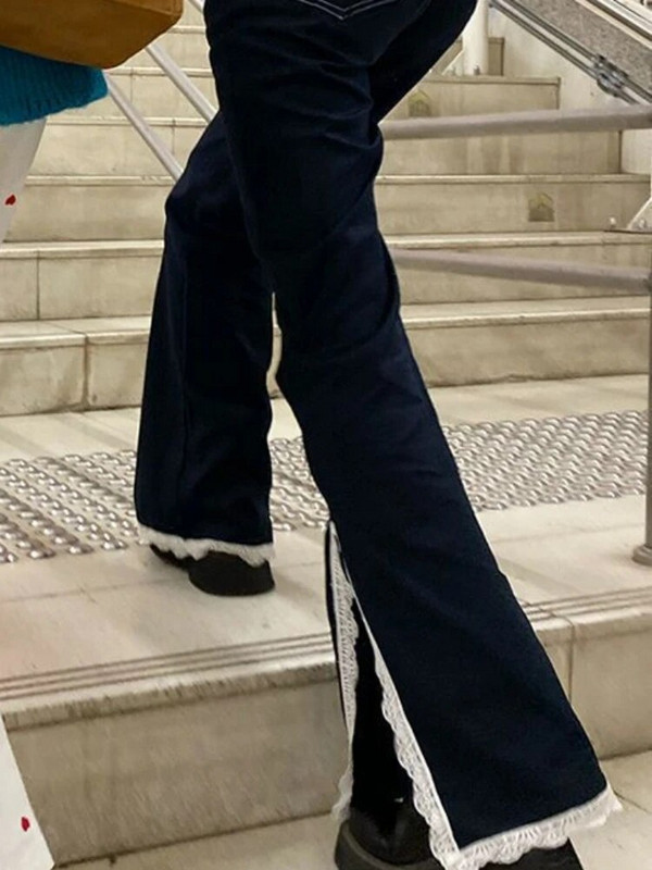 Oldalsó hasított farmer Női Női Csipke dizájn Női Tavaszi divat Új egyszerű, magas derekú, kényelmes koreai stílus Elegáns, teljesen egybevágó