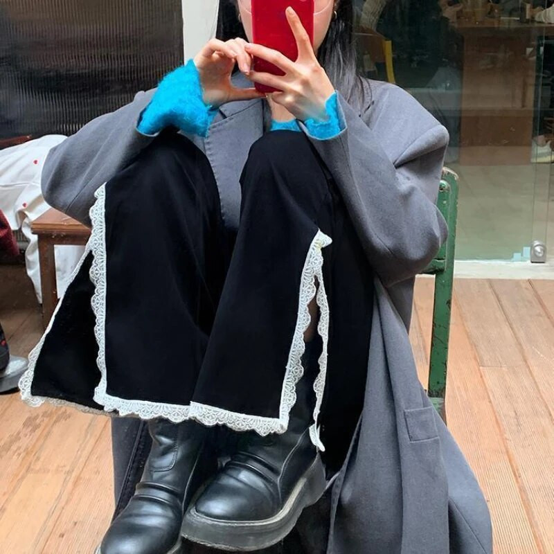 Oldalsó hasított farmer Női Női Csipke dizájn Női Tavaszi divat Új egyszerű, magas derekú, kényelmes koreai stílus Elegáns, teljesen egybevágó