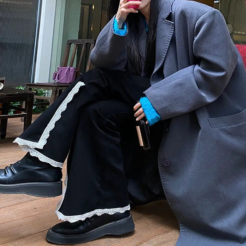 Oldalsó hasított farmer Női Női Csipke dizájn Női Tavaszi divat Új egyszerű, magas derekú, kényelmes koreai stílus Elegáns, teljesen egybevágó