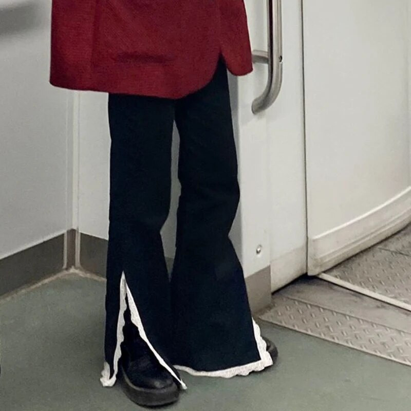 Oldalsó hasított farmer Női Női Csipke dizájn Női Tavaszi divat Új egyszerű, magas derekú, kényelmes koreai stílus Elegáns, teljesen egybevágó