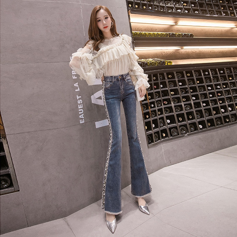 Magas derekú női flare farmer divatos farmer vékony női sztreccs farmer női gyöngyös, széles lábú bojt Vintage farmer 2XL