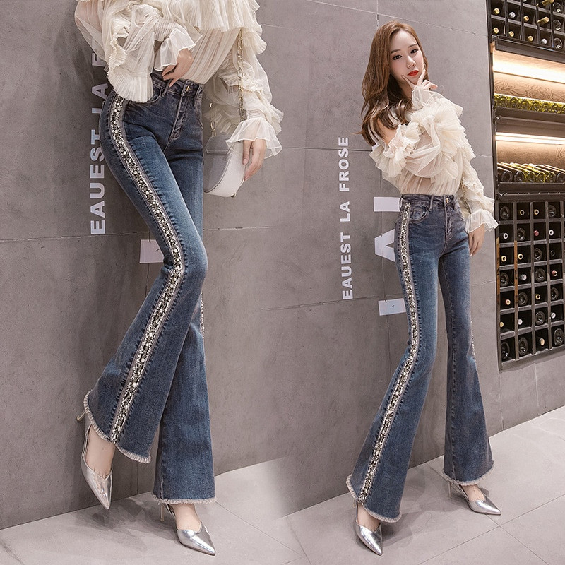 Magas derekú női flare farmer divatos farmer vékony női sztreccs farmer női gyöngyös, széles lábú bojt Vintage farmer 2XL