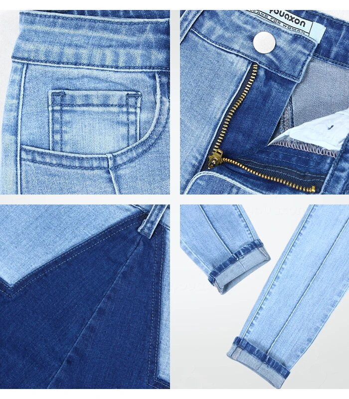 2144 Youaxon New High Waisted Blue Patchwork Jeans Woman Ultra Stretchy Pencil Pencil Skinny Pants Παντελόνι για Γυναικεία Τζιν