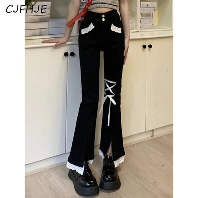 CJFHJE Μαύρο Vintage Fashion Flare Παντελόνι Γυναικείο Συνονθύλευμα Δαντέλα Κομψό Σχεδιαστή Τζιν Γυναικεία Τσέπες Κορεατικά Casual Παντελόνια Νέο
