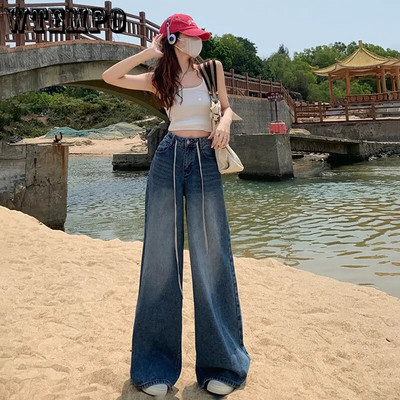 Blugi vintage cu talie înaltă, cu picioare largi, pentru femei, toamnă, cu șnur drept, largi, cu ștergere, pantaloni denim pentru femei, pantaloni pentru femeie