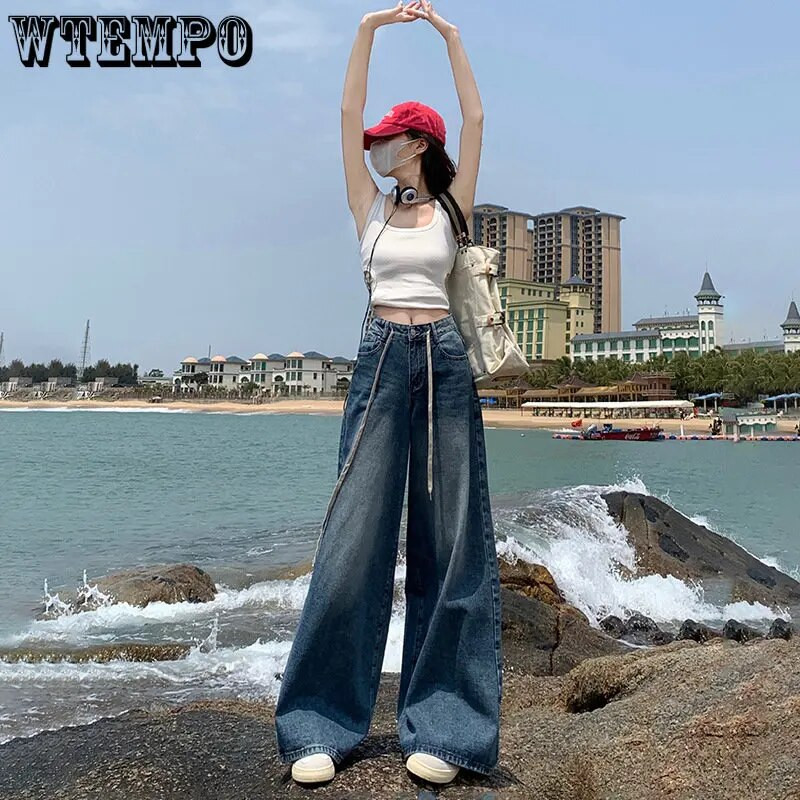 Vintage široke traperice visokog struka Ženske jesenske High Street vrpce Ravne vrećaste Ženske traper hlače Ženske hlače