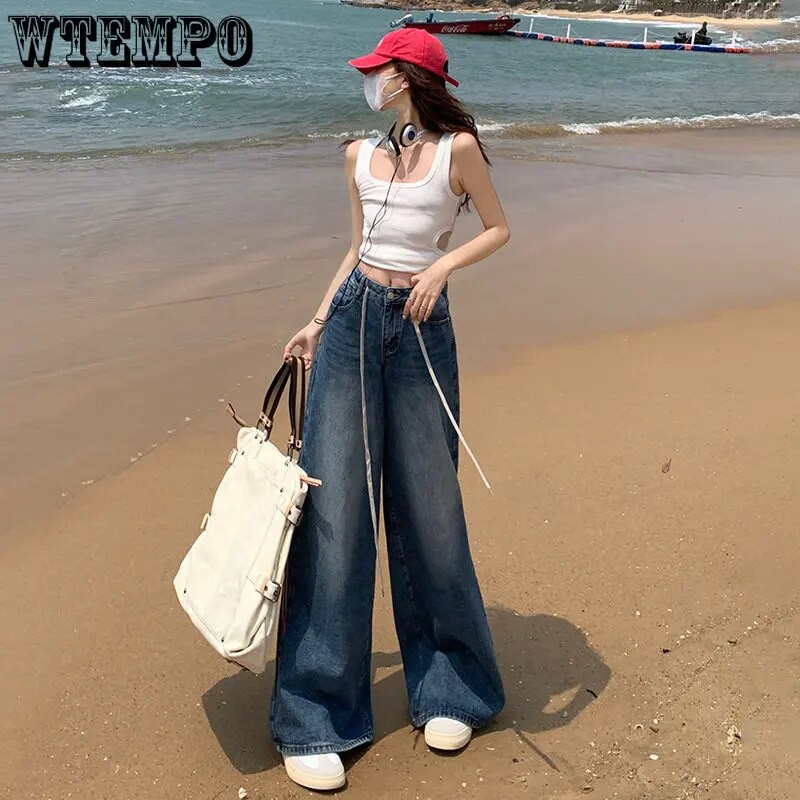 Vintage široke traperice visokog struka Ženske jesenske High Street vrpce Ravne vrećaste Ženske traper hlače Ženske hlače