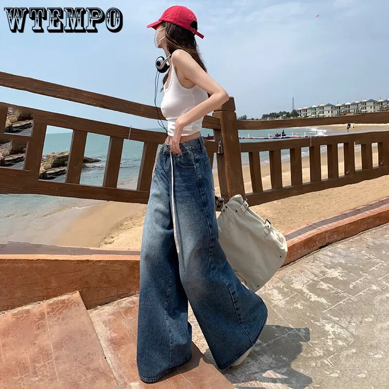 Vintage široke traperice visokog struka Ženske jesenske High Street vrpce Ravne vrećaste Ženske traper hlače Ženske hlače