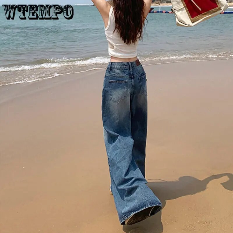 Vintage široke traperice visokog struka Ženske jesenske High Street vrpce Ravne vrećaste Ženske traper hlače Ženske hlače