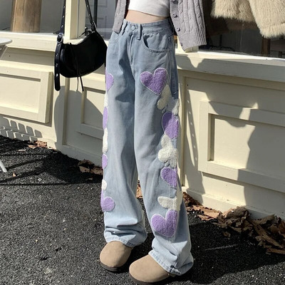 Ženske traperice Vintage sa srcem Vintage Y2k Rano proljeće široke traper Harajuku široke jednostavne ravne hlače Ženske hlače širokih nogavica
