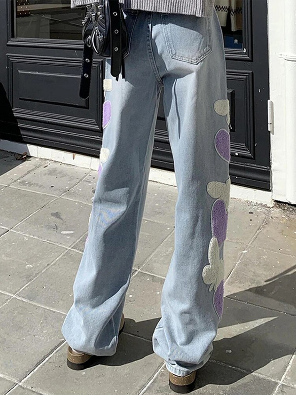 Ženske traperice Vintage sa srcem Vintage Y2k Rano proljeće široke traper Harajuku široke jednostavne ravne hlače Ženske hlače širokih nogavica