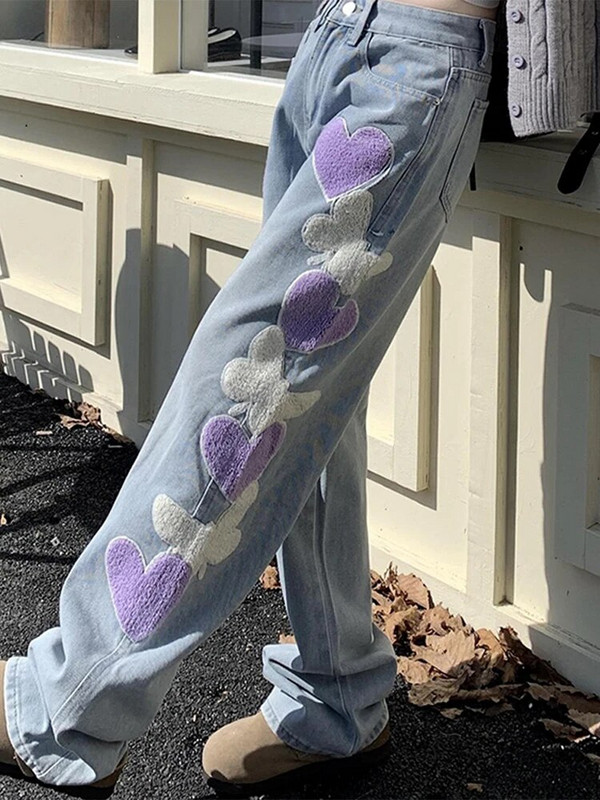 Ženske traperice Vintage sa srcem Vintage Y2k Rano proljeće široke traper Harajuku široke jednostavne ravne hlače Ženske hlače širokih nogavica