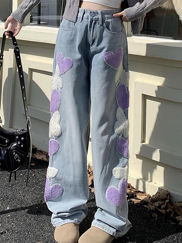 Ženske traperice Vintage sa srcem Vintage Y2k Rano proljeće široke traper Harajuku široke jednostavne ravne hlače Ženske hlače širokih nogavica