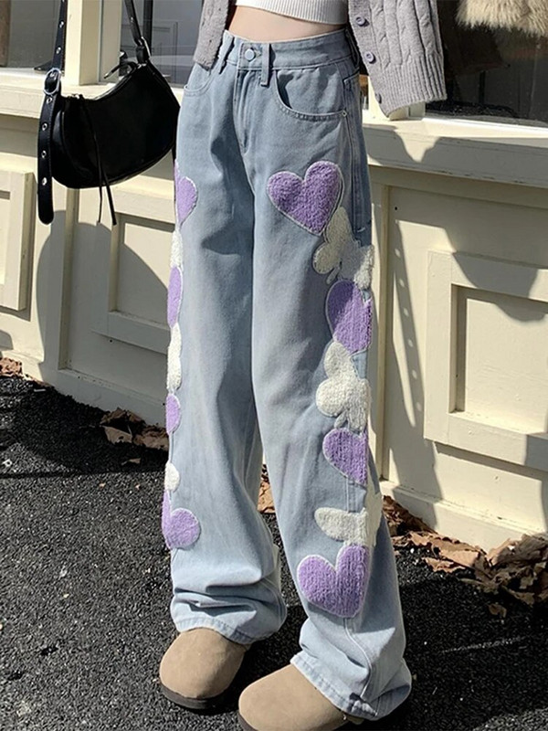 Ženske traperice Vintage sa srcem Vintage Y2k Rano proljeće široke traper Harajuku široke jednostavne ravne hlače Ženske hlače širokih nogavica