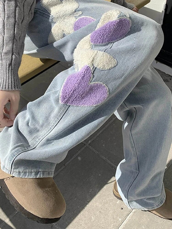 Ženske traperice Vintage sa srcem Vintage Y2k Rano proljeće široke traper Harajuku široke jednostavne ravne hlače Ženske hlače širokih nogavica