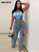 CM.YAYA Γυναικεία μόδα με σκισίματα φούντα με φερμουάρ πίσω με αστέρι Fly ίσιο τζιν 2023 New Summer INS Street Denim Παντελόνι