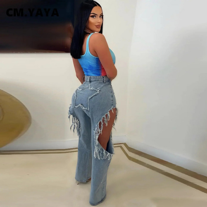 CM.YAYA Γυναικεία μόδα με σκισίματα φούντα με φερμουάρ πίσω με αστέρι Fly ίσιο τζιν 2023 New Summer INS Street Denim Παντελόνι