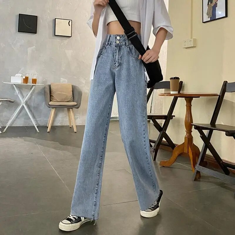 Ženske traperice Ravne široke ženske hlače Vintage Ležerne Jednostavne Jednobojne Ulična odjeća Moda s krznom podstavljena u korejskom stilu Chic