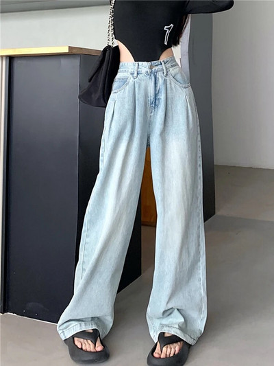 Plave traperice Ženske traperice visokog struka Ljeto 2023. Nove široke traper hlače pune dužine s dugmadima Vintage ležerne isprane široke hlače