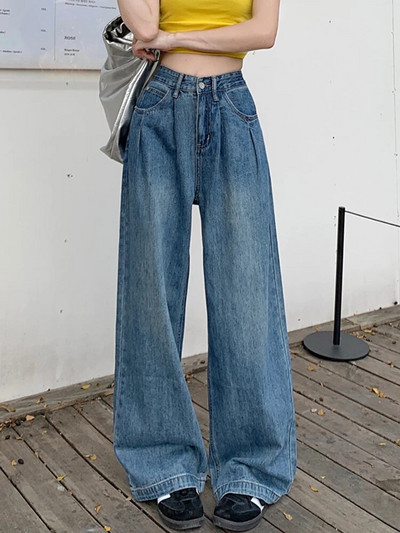 Plave traperice Ženske traperice visokog struka Ljeto 2023. Nove široke traper hlače pune dužine s dugmadima Vintage ležerne isprane široke hlače