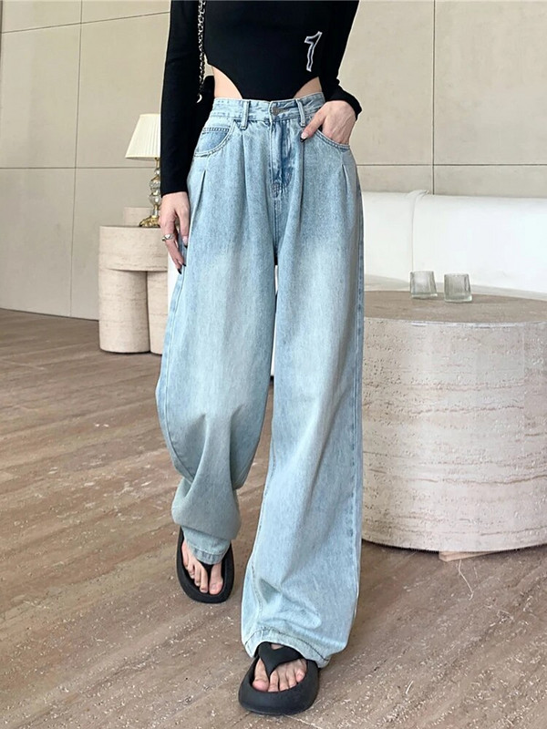 Plave traperice Ženske traperice visokog struka Ljeto 2023. Nove široke traper hlače pune dužine s dugmadima Vintage ležerne isprane široke hlače