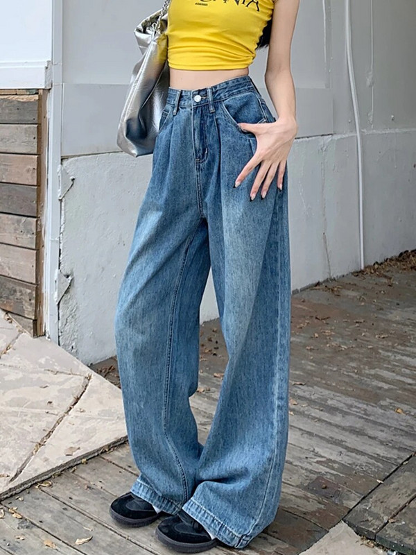 Plave traperice Ženske traperice visokog struka Ljeto 2023. Nove široke traper hlače pune dužine s dugmadima Vintage ležerne isprane široke hlače