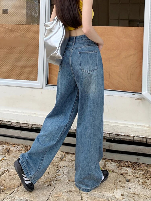 Plave traperice Ženske traperice visokog struka Ljeto 2023. Nove široke traper hlače pune dužine s dugmadima Vintage ležerne isprane široke hlače