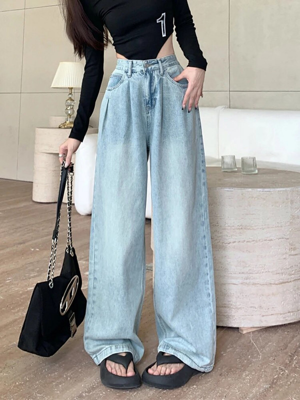 Plave traperice Ženske traperice visokog struka Ljeto 2023. Nove široke traper hlače pune dužine s dugmadima Vintage ležerne isprane široke hlače