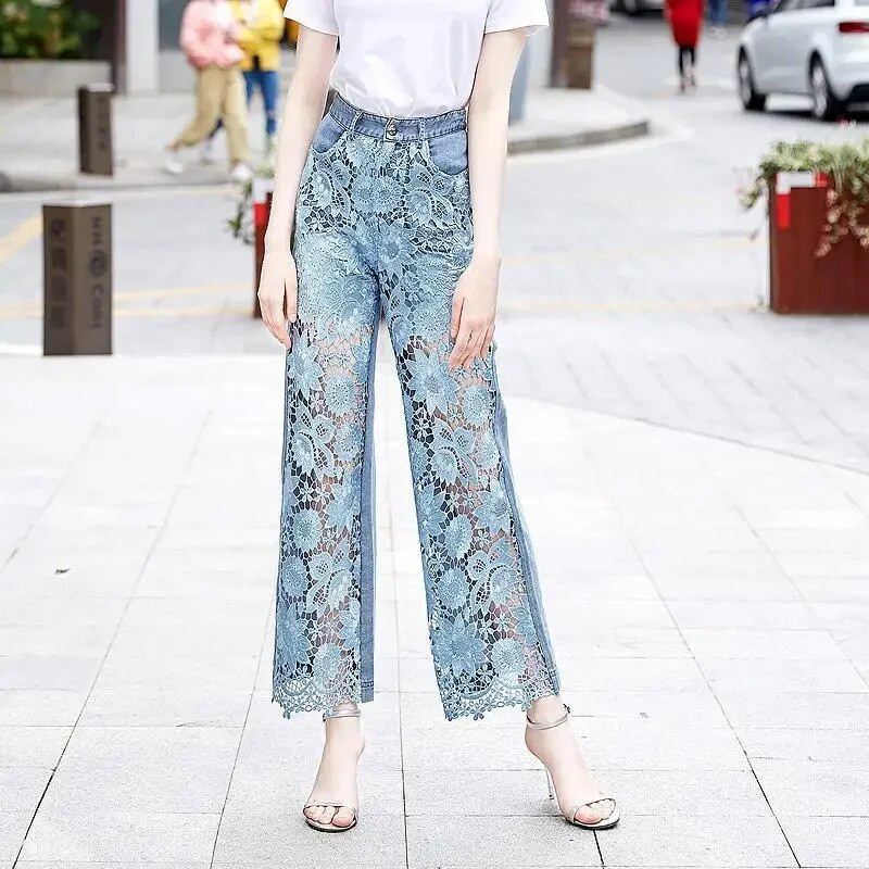 Pantalones De Mujer Lace Patchwork Izdubljene modne, elegantne traperice za žene Raznobojne ležerne široke ljetne hlače