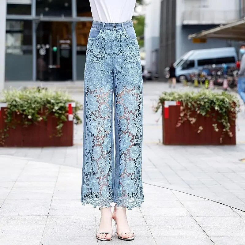 Pantalones De Mujer Lace Patchwork Izdubljene modne, elegantne traperice za žene Raznobojne ležerne široke ljetne hlače