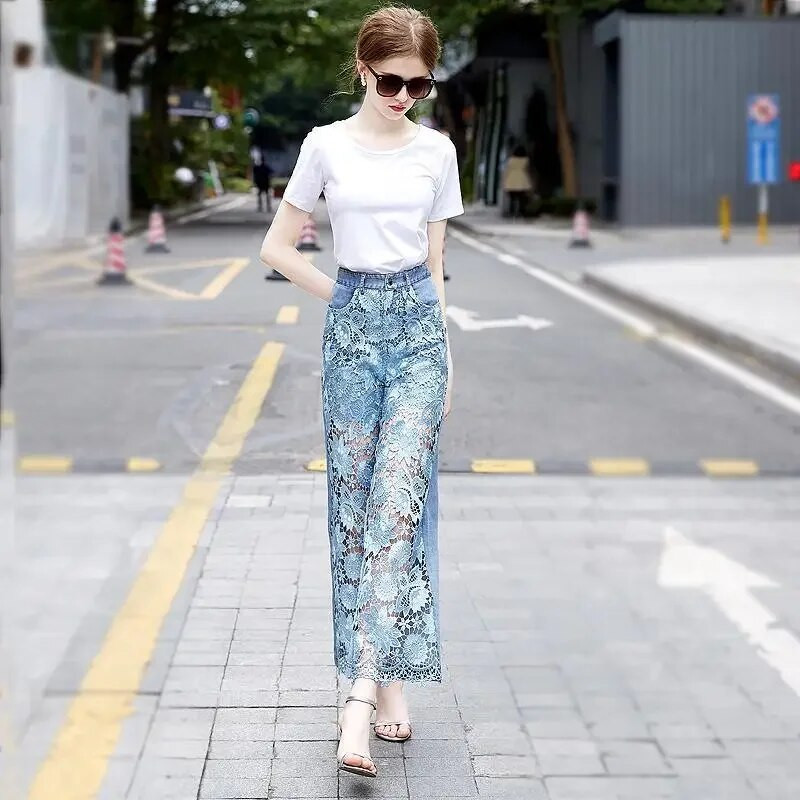 Pantalones De Mujer Lace Patchwork Izdubljene modne, elegantne traperice za žene Raznobojne ležerne široke ljetne hlače