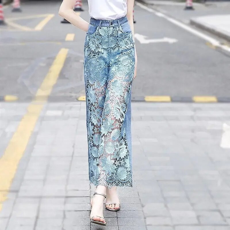 Pantalones De Mujer Lace Patchwork Izdubljene modne, elegantne traperice za žene Raznobojne ležerne široke ljetne hlače