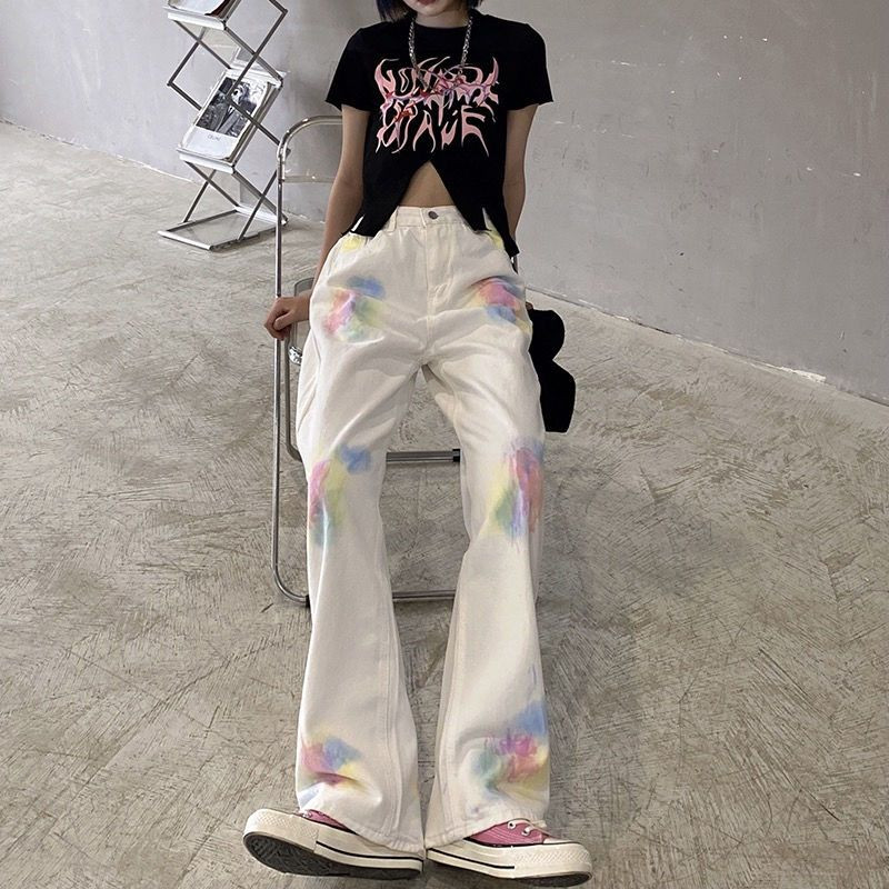Νέα γυναικεία γραβάτα βαμμένα τζιν Ανοιξιάτικα φθινοπωρινά ζωγραφισμένα μοτίβα πλύσης Ψηλόμεση Μόδα Casual Loose Ευέλικτο Φαρδύ Παντελόνι