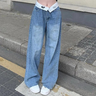 Vrećaste plave Cargo ravne traperice Ženske vintage korejske mode Chic traper hlače visokog struka Y2k Ulične hlače širokih nogavica Ženske