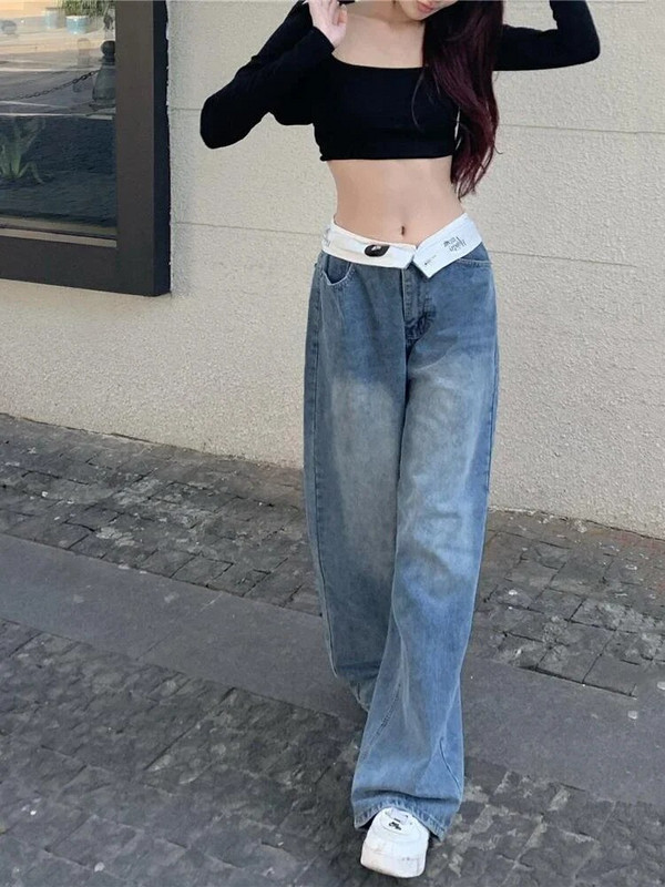 Vrećaste plave Cargo ravne traperice Ženske vintage korejske mode Chic traper hlače visokog struka Y2k Ulične hlače širokih nogavica Ženske